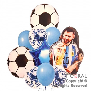 SET DE GLOBOS METALIZADOS ARGENTINA MESSI CON COPA Y LATEX CON CONFETI x 10 UNIDADES